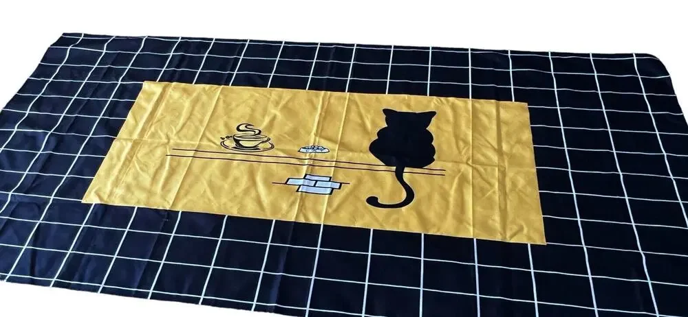 Vintage Gold Black Cat Check Heavy Fabric Tablecloth 118x55 Cataholic Halloween